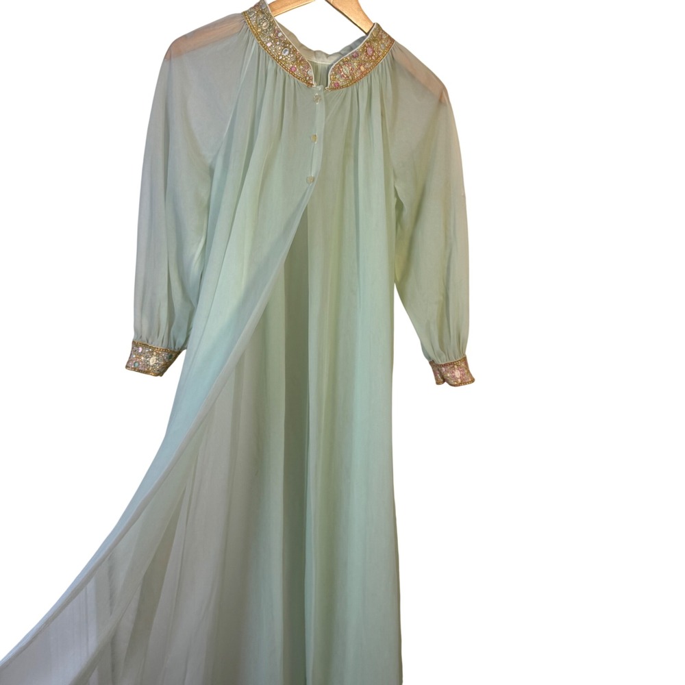 Vintage 1960s Miss Elaine Mint Green Embroidered Peignoir Robe‎ Sheer Chiffon